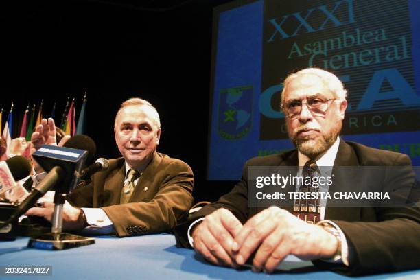 Arturo Garzon , conference secretary of the Organization of American States and Roberto Rojas, Chancellor of Costa Rica participate in a press...