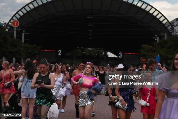 Taylor Swift fans, also known as "Swifties", arrive by train to Accor Stadium for Taylor Swift's first Sydney concert on February 23, 2024 in Sydney,...