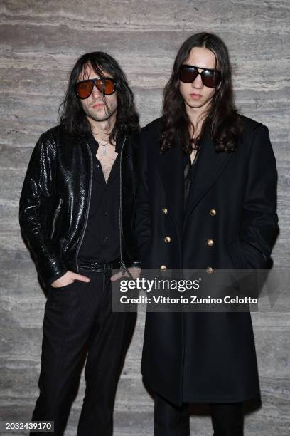 Wolf Gillespie and Lux Gillespie are seen arriving at the Tom Ford fashion show during the Milan Fashion Week Womenswear Fall/Winter 2024-2025 on...