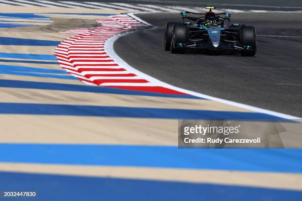 Lewis Hamilton of Great Britain driving the Mercedes AMG Petronas F1 Team W15 on track during day three of F1 Testing at Bahrain International...