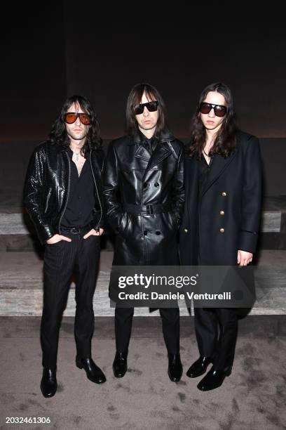 Wolf Gillespie, Bobby Gillespie and Lux Gillespie are seen on the front row at the Tom Ford fashion show during the Milan Fashion Week Womenswear...