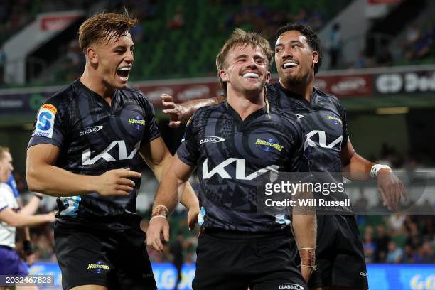Jordi Viljoen of the Hurricanes celebrates a try during the round one Super Rugby Pacific match between Western Force and Hurricanes at HBF Park, on...