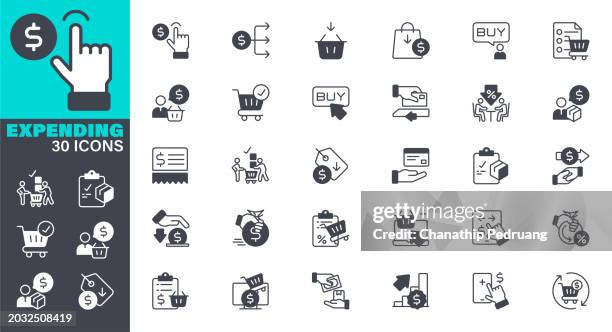 expending icons set. solid icon collection. vector graphic elements, icon symbol, e-commerce, store, discount, shopping cart, delivering - payment options stock illustrations