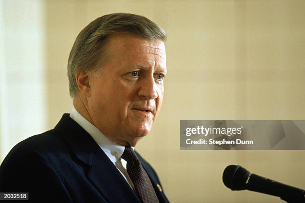 New York Yankees owner George Steinbrenner talks to the press during the 1989 season in New York, New York.