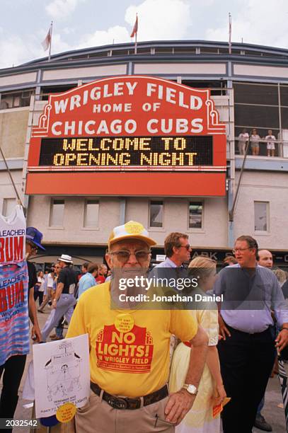 Fan protesting no lights in Wrigley Field taken during a game in the 1988 season in Chicago, Illinois.