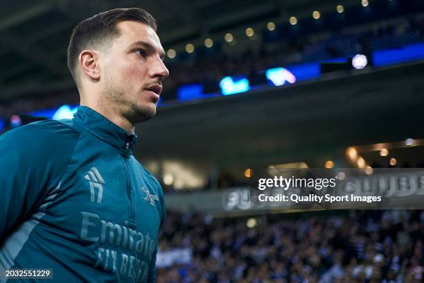 Cedric Soares of Arsenal FC looks on prior to the UEFA Champions League 2023/24 round of 16 first leg match between FC Porto and Arsenal FC at...