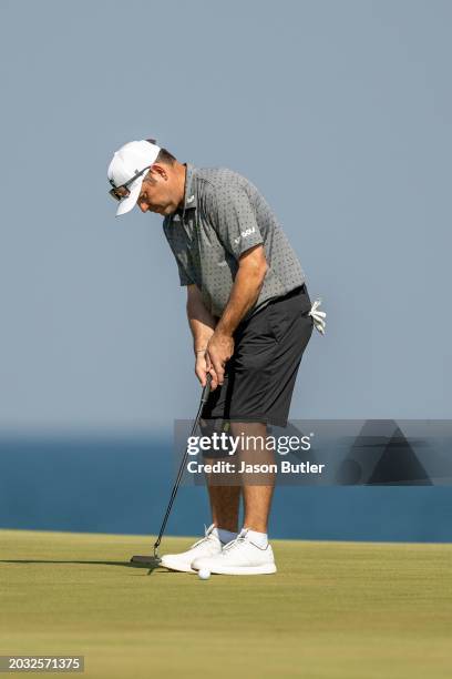 Louis Oosthuizen of South Africa putts on hole 11 during the second round of the International Series Oman at Al Mouj Golf on February 23, 2024 in...