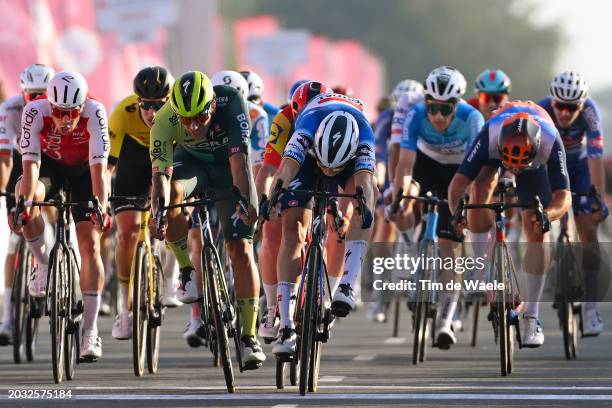 Sam Welsford of Australia and Team BORA - hansgrohe and Tim Merlier of Belgium and Team Soudal-Quick Step sprint at finish line during the 6th UAE...
