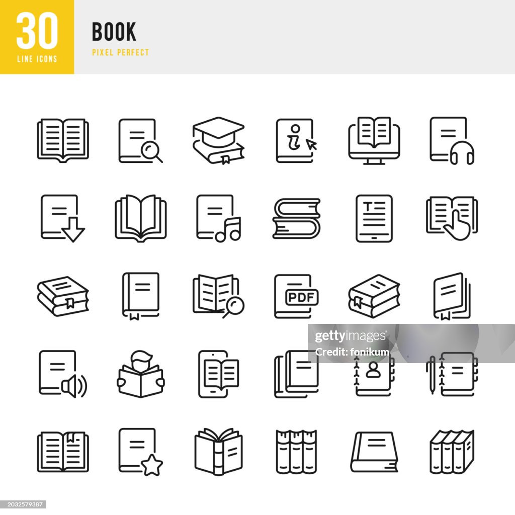 Libro: conjunto de iconos vectoriales de línea fina. 30 iconos. Píxel perfecto. El conjunto incluye un libro, un libro de tapa dura, un libro favorito, un libro abierto, un lector, un audiolibro, un manual, una estantería, un libro de texto, un libro el