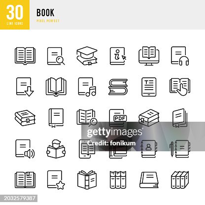 Book - thin line vector icon set. 30 icons. Pixel perfect. The set includes a Book, Hardcover Book, Favorite Book, Open Book, Reader, Audiobook, Handbook, Bookshelf, Textbook, E-Book. Book - thin line vector icon set. 30 icons. Pixel perfect. The set includes a Book, Hardcover Book, Favorite Book, Open Book, Reader, Audiobook, Handbook, Bookshelf, Textbook, E-Book.