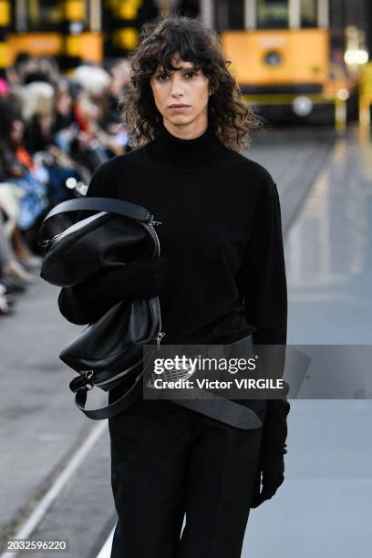 Mica Arganaraz walks the runway during the Tods Ready to Wear Fall/Winter 2024-2025 fashion show as part of the Milan Fashion Week on February 23,...