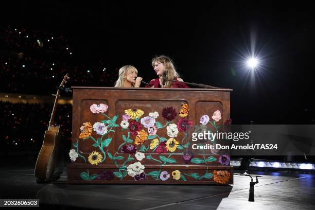 Taylor Swift performs with Sabrina Carpenter at Accor Stadium on February 23, 2024 in Sydney, Australia.