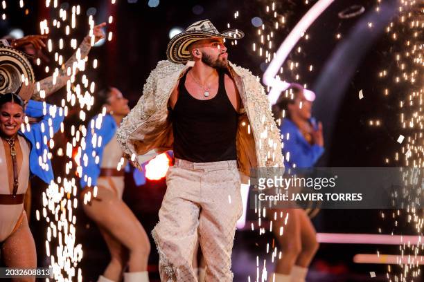 Colombian singer Manuel Turizo performs during the 63rd Viña del Mar International Song Festival in Viña del Mar, Chile on February 26, 2024.