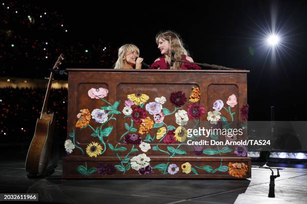 Taylor Swift performs with Sabrina Carpenter at Accor Stadium on February 23, 2024 in Sydney, Australia.