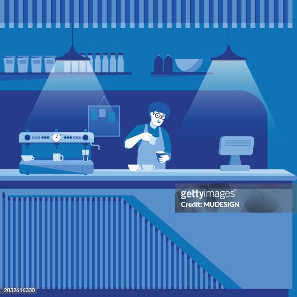 barista making coffee. cartoon cafe worker preparing coffee in cafe with coffee machine, barista making filtered coffee. - drinking milk stock illustrations