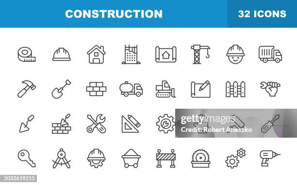 stockillustraties, clipart, cartoons en iconen met construction line icons. editable stroke. contains such icons as repair, renovation, safety, hammer, brick, work tools, home, interior design, building. - hamer handgereedschap
