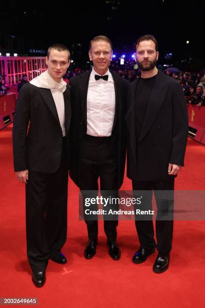 Saul Nanni, Rocco Siffredi and Alessandro Borghi attend the red carpet for the screening of "Supersex" at Berlinale 2024 at Berlinale Palast on...