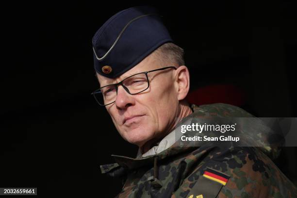 German Major General Stephan Lueth of the Bundeswehr looks on during a visit by government officials at a military training center used for training...