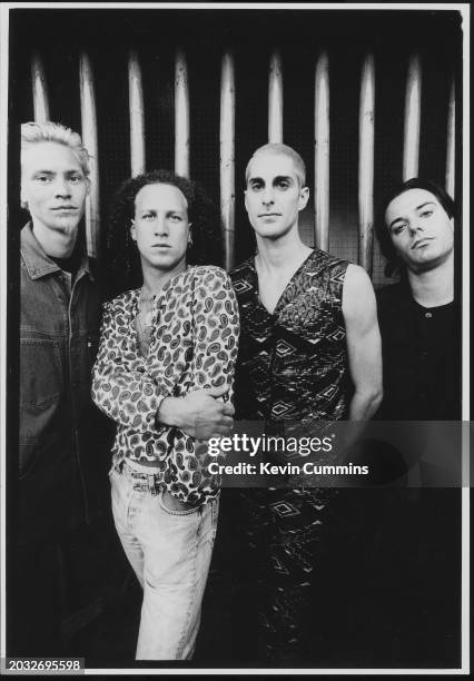 Portrait of American rock group Porno For Pyros, Los Angeles, California, United States, April 1993. L-R Martyn LeNoble, Stephen Perkins, Perry...