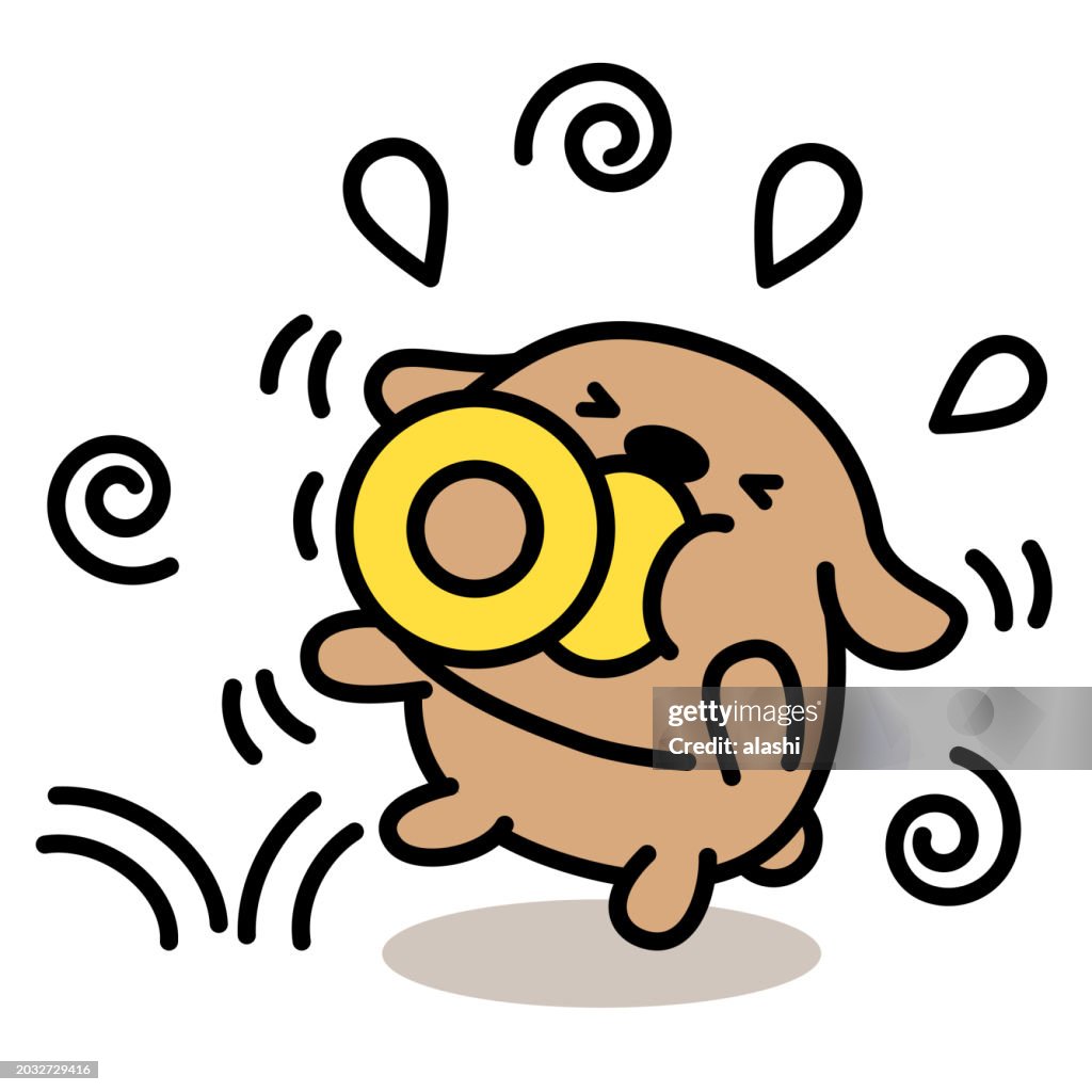 A cute dog, sucking a pacifier, is so scared that he closes his eyes, loses his balance, steps back, and falls