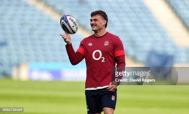 George Furbank catches the ball during the England Captain's Run ahead of the Guinness Six Nations 2024 match against Scotland at BT Murrayfield...