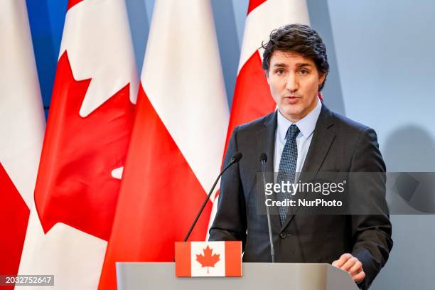 The Prime Minister of Canada, Justin Trudeau speaks to the press after bilateral talks with Polish Prime Minister Donald Tusk in Polish PM&quot;s...