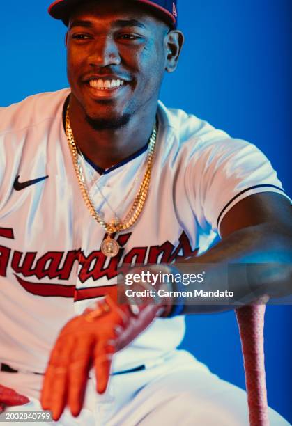 Angel Martinez of the Cleveland Guardians sits for a portrait at Goodyear Ballpark on February 22, 2024 in Goodyear, Arizona.