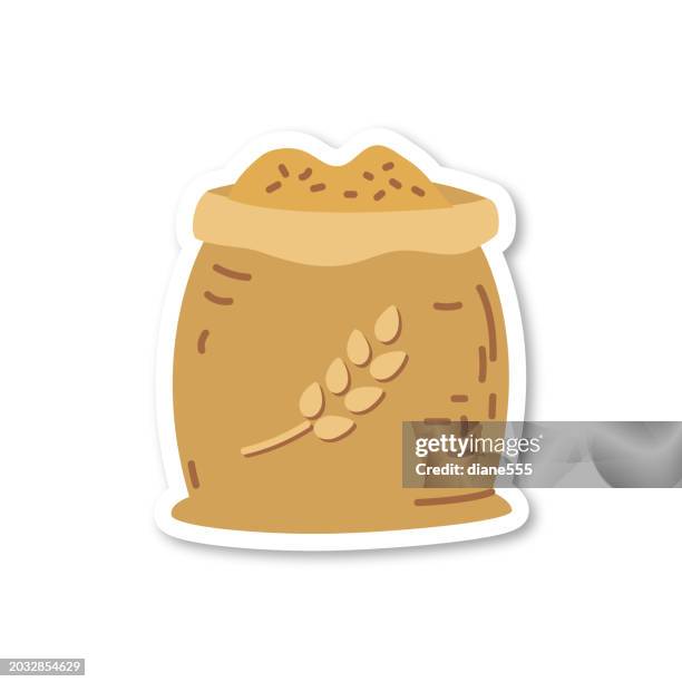 ilustrações, clipart, desenhos animados e ícones de trigo moído - ícone de adesivo de agricultura em cores planas em um fundo transparente - bag flour icon