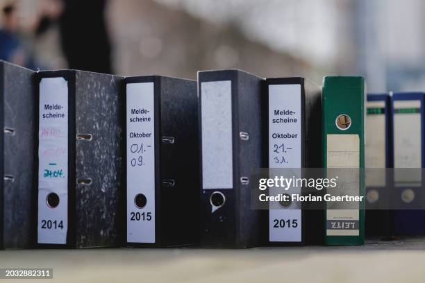 Folders are pictured during a protest of the Central Association of German Crafts in front of the Federal Chancellery on February 26, 2024 in Berlin,...