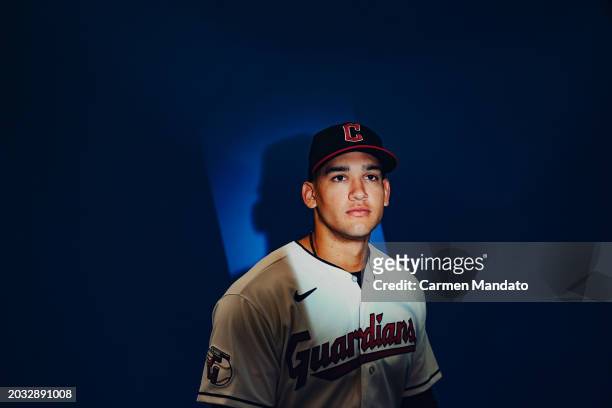 Daniel Espino of the Cleveland Guardians sits for a portrait at Goodyear Ballpark on February 22, 2024 in Goodyear, Arizona.