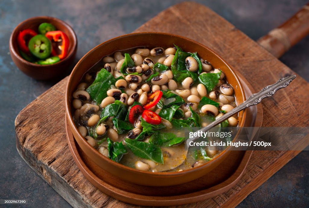 High angle view of soup in bowl on table,Aldie,Virginia,United States,USA