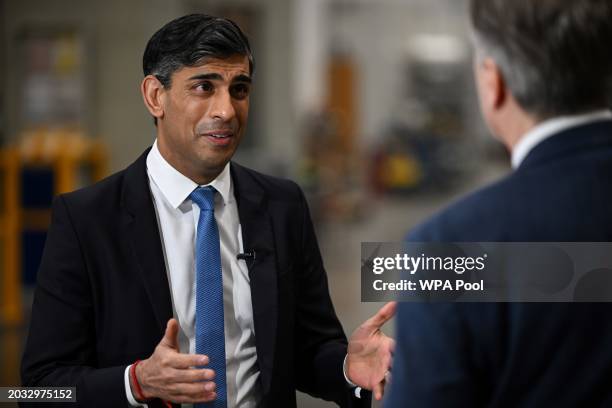 Britain's Prime Minister Rishi Sunak during an interview at the Siemens Mobility factory on February 26, 2024 in Yorkshire, United Kingdom.