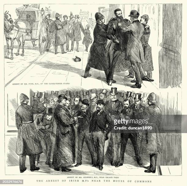 arrest of irish nationalist mp's near the house of commons, douglas pyne, james gilhooly. 1880s 19th century - good friday agreement stock illustrations