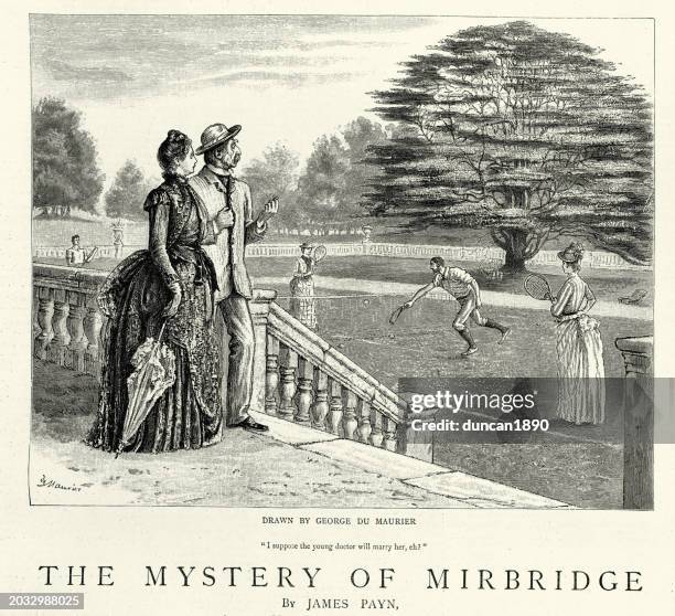 victorian men and woman playing mixed doubles tennis, 1880s 19th century - tennis outfit stock illustrations