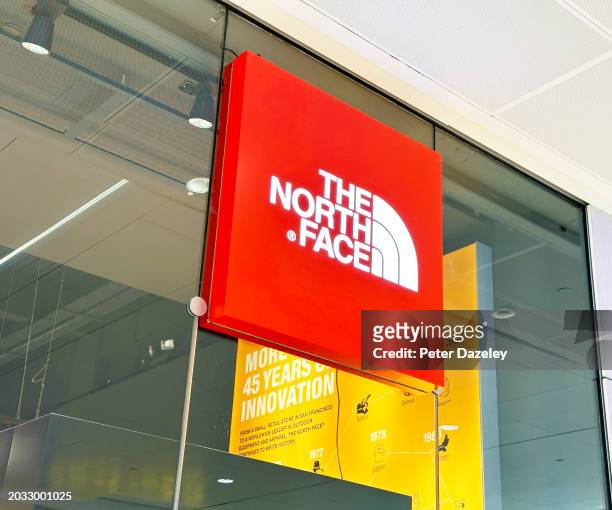 Westfield LONDON, ENGLAND - February 2024 The North Face store sign on building exterior, store frontage . LONDON, ENGLAND
