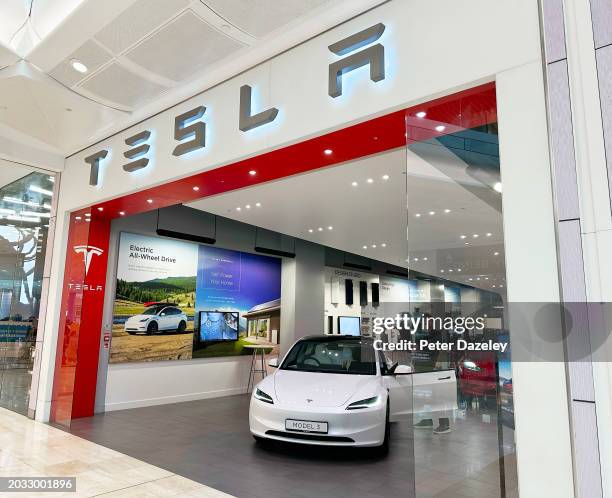 Store for automaker Tesla Motors at the Westfield Shopping Center, London, February 2024,.