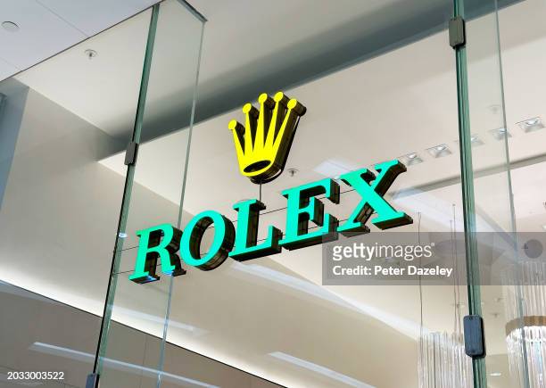 Westfield, LONDON,ENGLAND - February 2024 Rolex Watches store sign External Store Sign London, England.