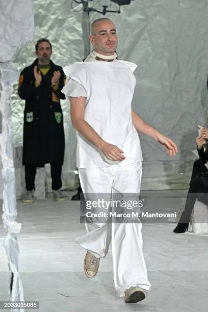 Fashion designer Francesco Risso acknowledges the applause of the audience at the Marni fashion show during the Milan Fashion Week Womenswear...