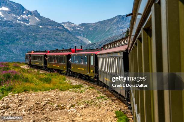 white pass summit excursion tour train in the mountains, alaska, usa. - alaskische cultuur stockfoto's en -beelden