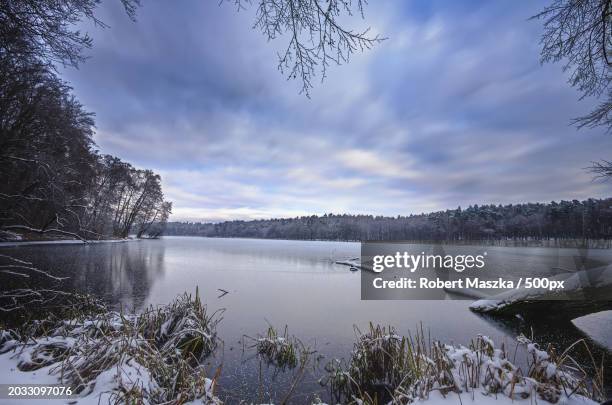 scenic view of lake against sky during winter,zduny,pomorskie,poland - pomorskie province stock pictures, royalty-free photos & images