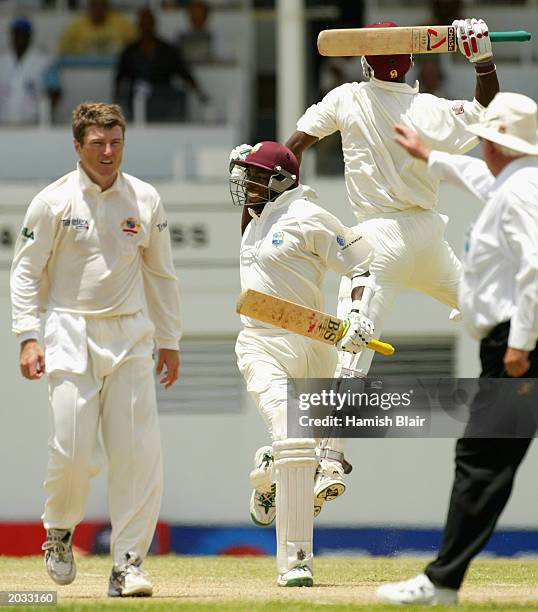 Vasbert Drakes of the West Indies celebrates the winning runs during day five of the fourth test between the West Indies and Australia played on May...