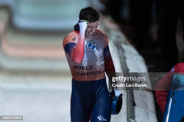 Matt Weston of Great Britain celebrates after his final round of the Men's Skeleton competition at the BMW IBSF Bobsleigh And Skeleton World...