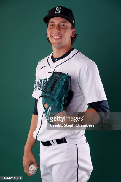 Logan Gilbert of the Seattle Mariners poses for a portrait during photo day at the Peoria Sports Complex on February 23, 2024 in Peoria, Arizona.