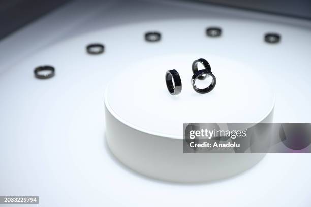 Prototypes of Samsung Galaxy rings are displayed at the Mobile World Congress , the telecom industry's biggest annual gathering, in Barcelona on...