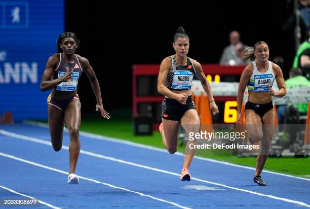 Zoe Hobbs and Daryll Neita of Great Britain and Vilde Aasmo of Norway competes in the 60 meter Women at the ISTAF Indoor Berlin 2024 at Mercedes-Benz...
