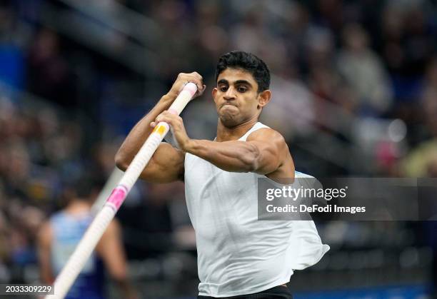 Hussain Asim Al Hizam of Saudi Arabia competes in the Pole Vault Men at the ISTAF Indoor Berlin 2024 at Mercedes-Benz Arena on February 23, 2024 in...