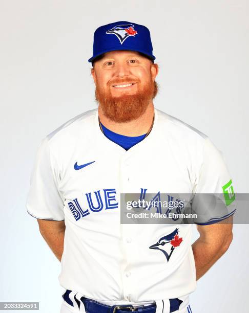 Justin Turner of the Toronto Blue Jays poses for a portrait during photo day at TD Ballpark on February 23, 2024 in Dunedin, Florida.