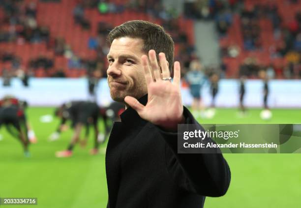 Xabi Alonso, Manager of Bayer Leverkusen, gestures prior to the Bundesliga match between Bayer 04 Leverkusen and 1. FSV Mainz 05 at BayArena on...