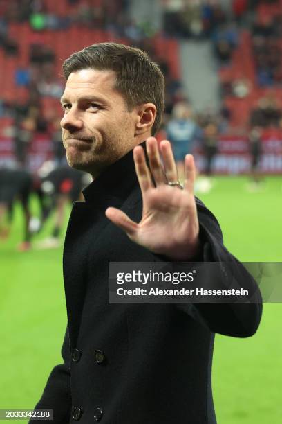 Xabi Alonso, Manager of Bayer Leverkusen, gestures prior to the Bundesliga match between Bayer 04 Leverkusen and 1. FSV Mainz 05 at BayArena on...