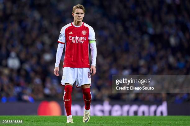 Martin Odegaard of Arsenal FC looks on during the UEFA Champions League 2023/24 round of 16 first leg match between FC Porto and Arsenal FC at...